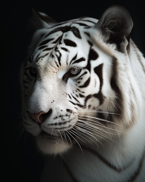 Una tigre bianca con strisce nere e uno sfondo nero