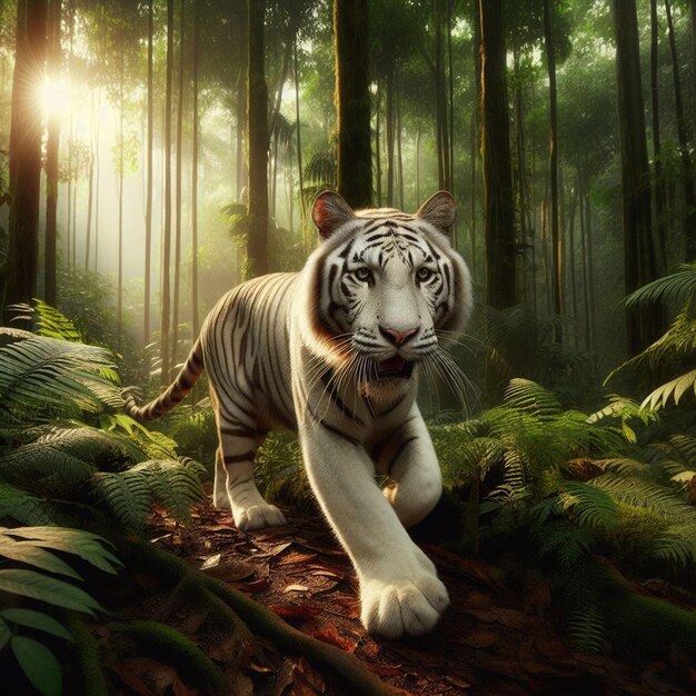 una tigre bianca nella giungla con il sole che splende attraverso gli alberi