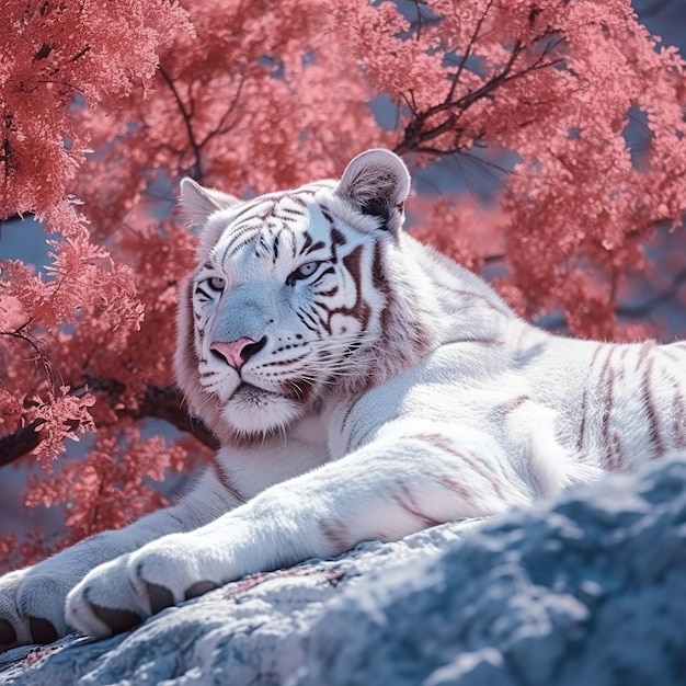 Una tigre bianca sullo sfondo di un bellissimo giardino di sakura Generative Ai