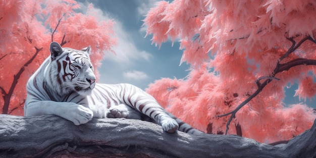 Una tigre bianca sullo sfondo di un bellissimo giardino di sakura Generative Ai