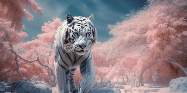 Una tigre bianca sullo sfondo di un bellissimo giardino di sakura Generative Ai