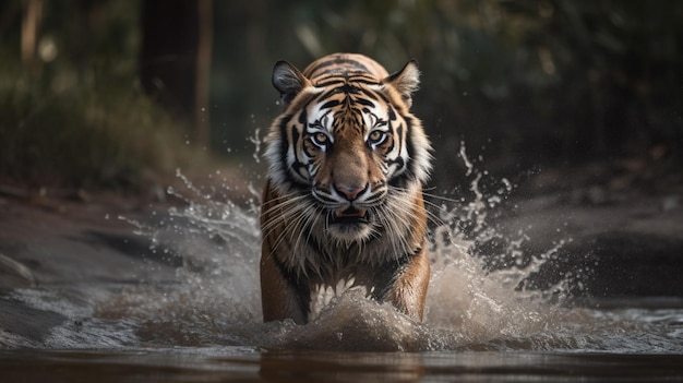 Una tigre che attraversa l'acqua con uno sfondo sfocato