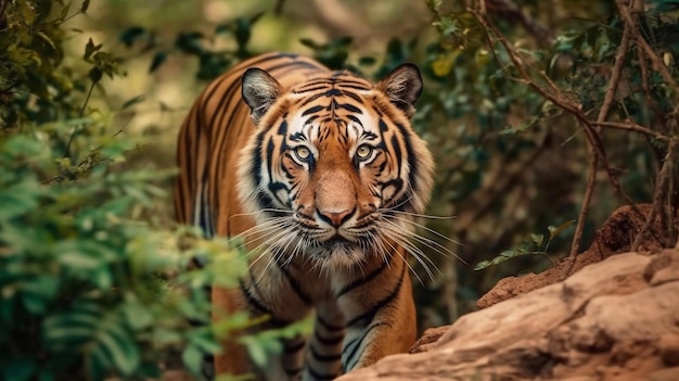 Una tigre che cammina attraverso la fotografia della fauna selvatica della giungla