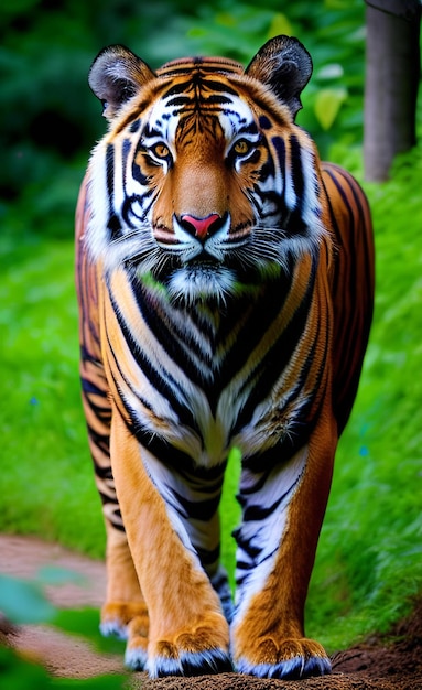 Una tigre che cammina su un sentiero nel bosco