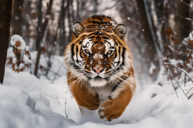 una tigre che corre attraverso la neve nel bosco