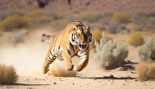 Una tigre che corre nel deserto