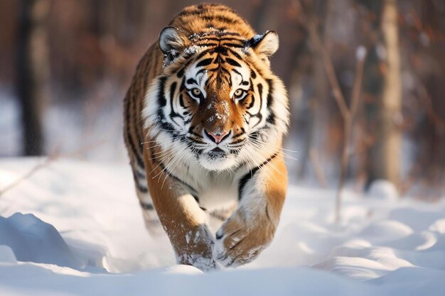 una tigre che corre nella neve con uno sfondo bianco