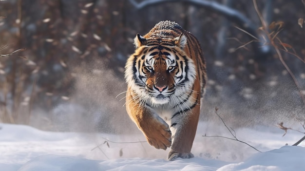 Una tigre che corre nella neve