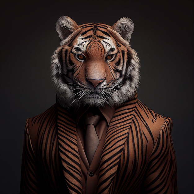 Una tigre che indossa giacca e cravatta con sopra la parola tigre.