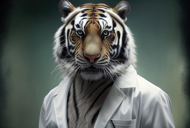 Una tigre che indossa un camice da laboratorio con sopra una camicia bianca.