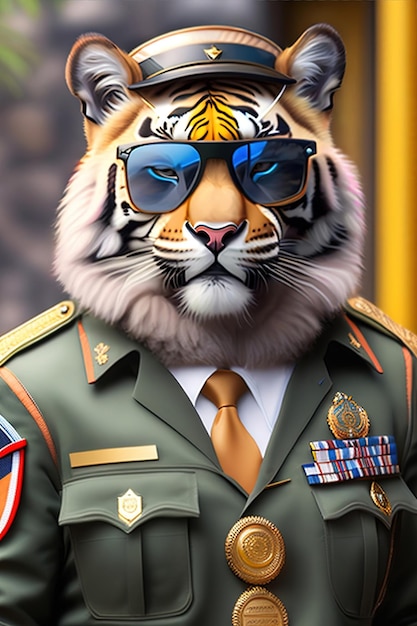 Una tigre che indossa un'uniforme militare con occhiali da sole e uniforme militare.