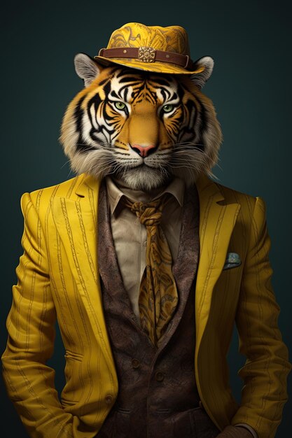 una tigre che indossa un vestito giallo e un cappello con una cravatta