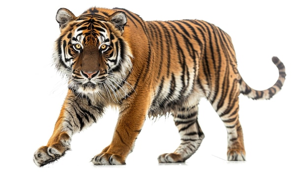 Una tigre che vaga isolata su uno sfondo bianco