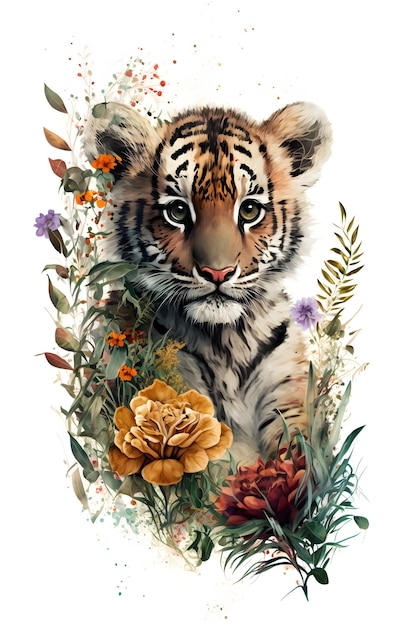 Una tigre con dei fiori è in stile acquerello