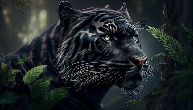 Una tigre con gli occhi azzurri guarda fuori da una foresta.