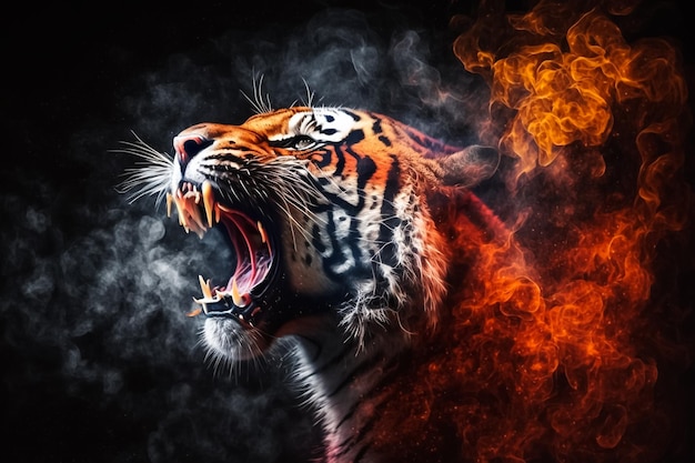 Una tigre con le fiamme sul volto