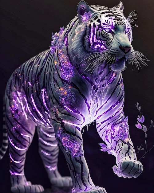 Una tigre con luci viola e blu sul muso