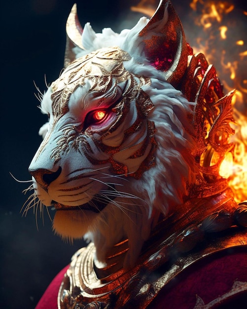 Una tigre con occhi ardenti e un fuoco sulla testa
