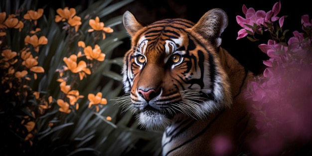 Una tigre con orchidee sullo sfondo IA generativa