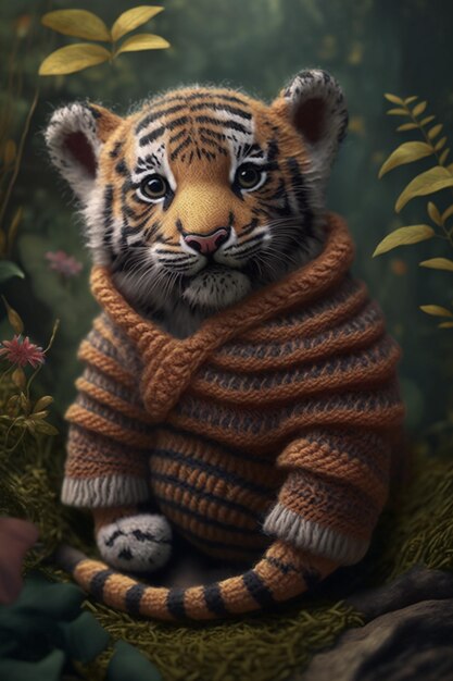 Una tigre con un maglione con scritto "tigre".
