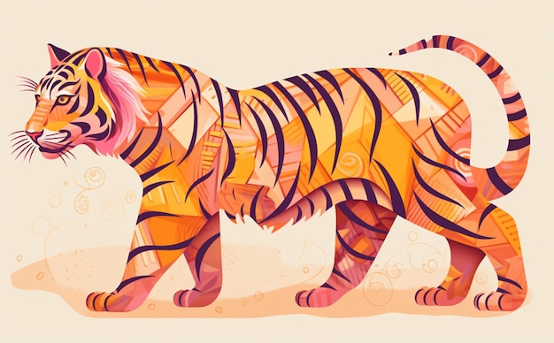Una tigre con una criniera rosa e una coda rosa si trova davanti a uno sfondo giallo.
