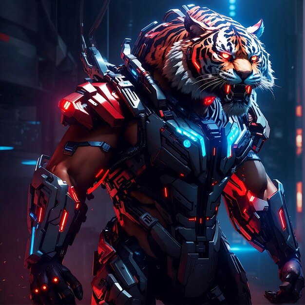 Una tigre cyberpunk fotorealistica con occhi luminosi e denti aguzzi sullo sfondo di un paesaggio urbano al neon