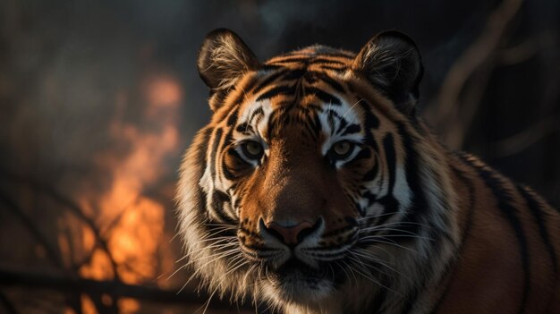 Una tigre davanti al fuoco