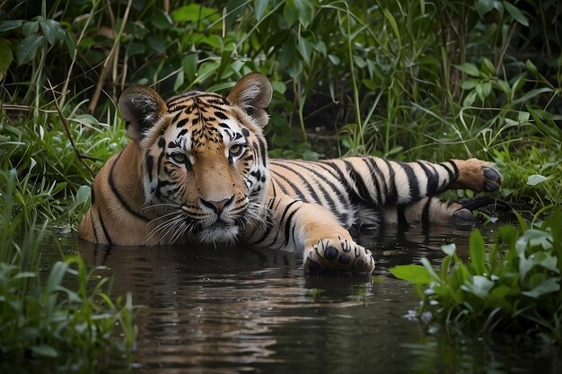 una tigre è in acqua e sta nuotando