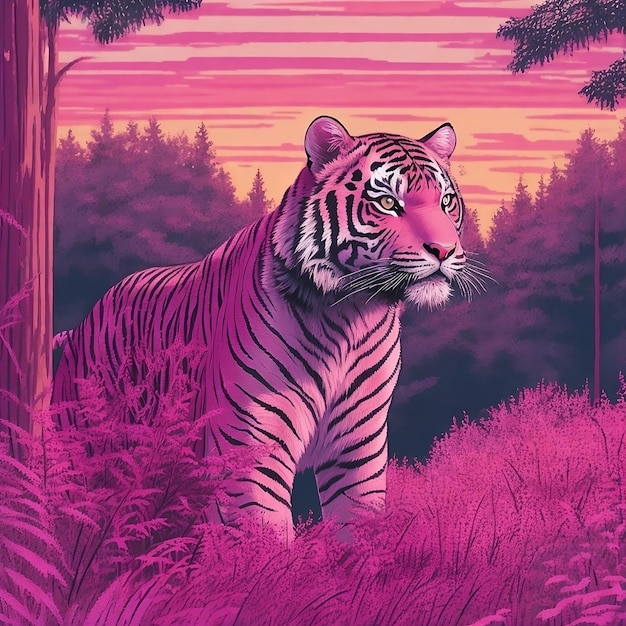 una tigre è in piedi allo stato brado di fronte a una foresta rosa