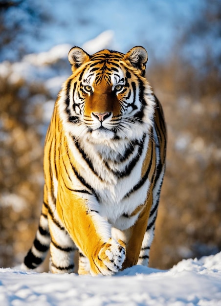 una tigre è in piedi nella neve con un piccolo oggetto bianco sullo sfondo