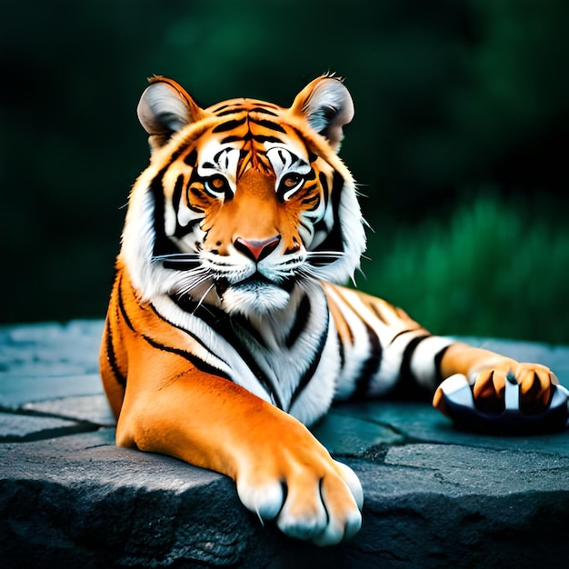 Una tigre è sdraiata su una roccia e sta guardando la telecamera.