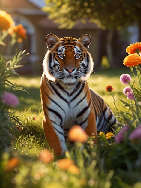 una tigre è seduta nell'erba con dei fiori sullo sfondo