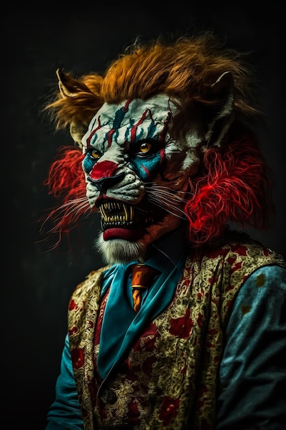 Una tigre fantasy in costume da clown classico e trucco per il viso