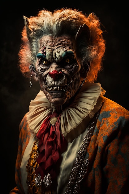 Una tigre horror fantasy in costume da clown classico e trucco per il viso