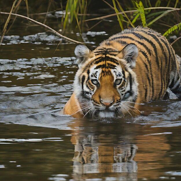 una tigre in acqua sta nuotando in uno stagno