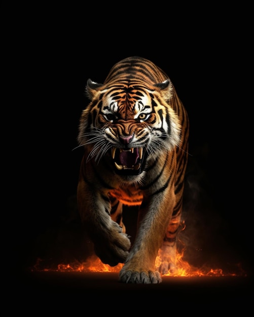 Una tigre in fiamme con le fiamme e la parola tigre sopra