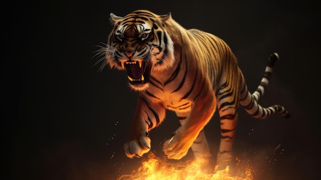 Una tigre in fiamme con uno sfondo nero