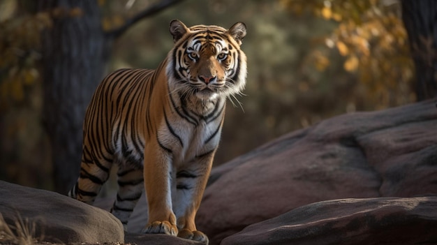 Una tigre in piedi su una roccia in una foresta