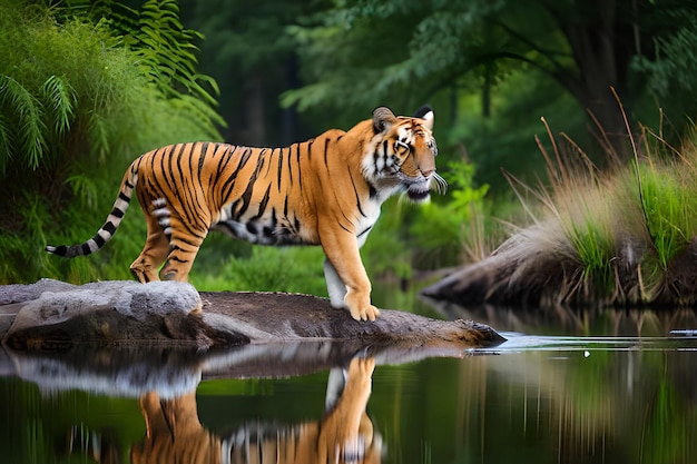 Una tigre in piedi su una roccia in una foresta