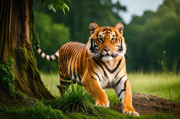 Una tigre in una giungla con un albero sullo sfondo