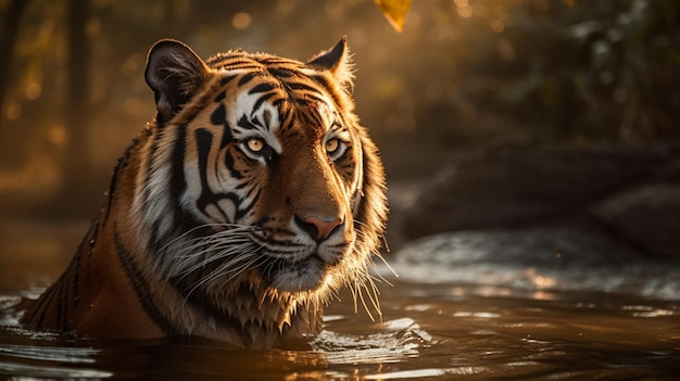 Una tigre nell'acqua con il sole che gli splende sul muso