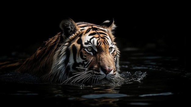 Una tigre nell'acqua con uno sfondo scuro AI generativa