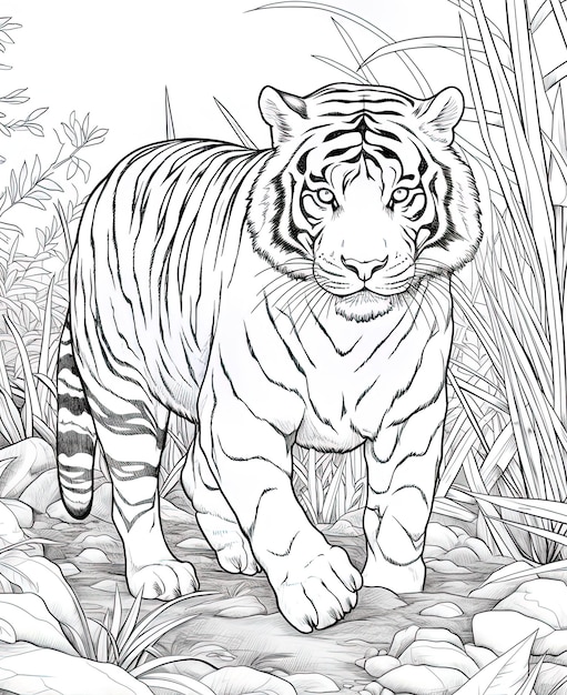 una tigre nell'erba con uno sfondo bianco e nero