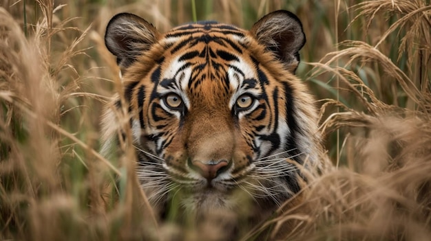 Una tigre nell'erba con uno sfondo giallo