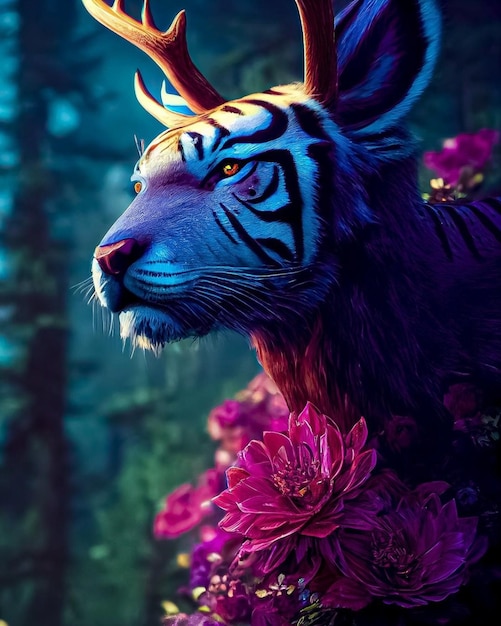 Una tigre nella foresta con i fiori