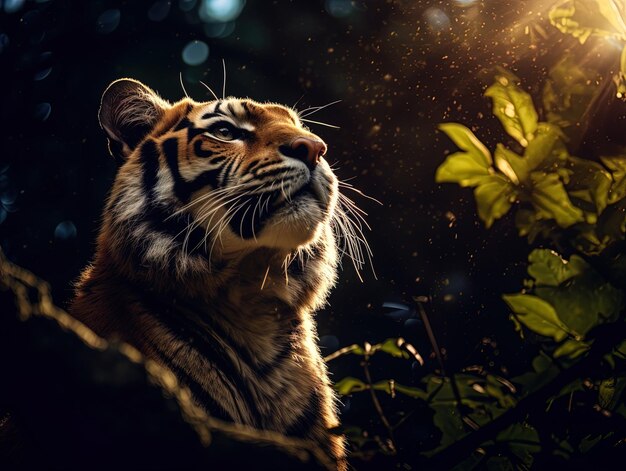una tigre nella foresta con il sole che splende attraverso le foglie