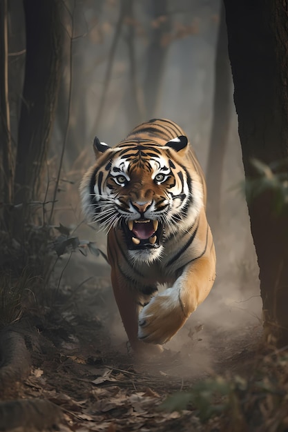Una tigre nella giungla con la bocca aperta