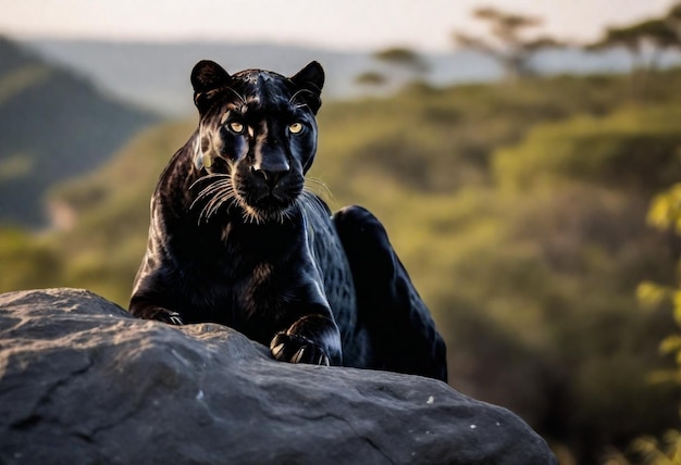 una tigre nera giace su una roccia con il sole dietro di lei