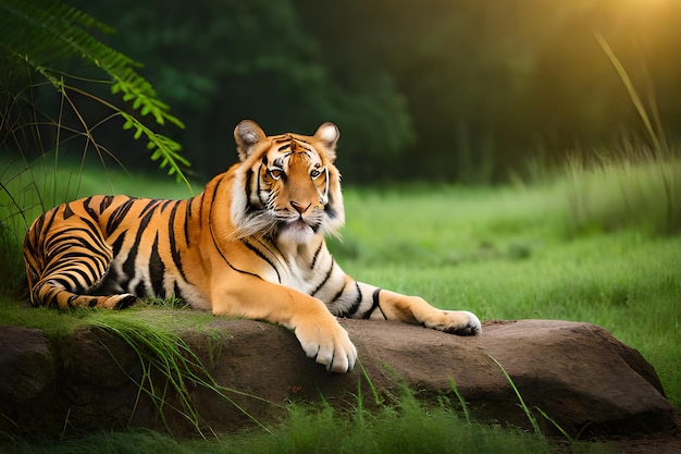 Una tigre sdraiata su un tronco in una foresta