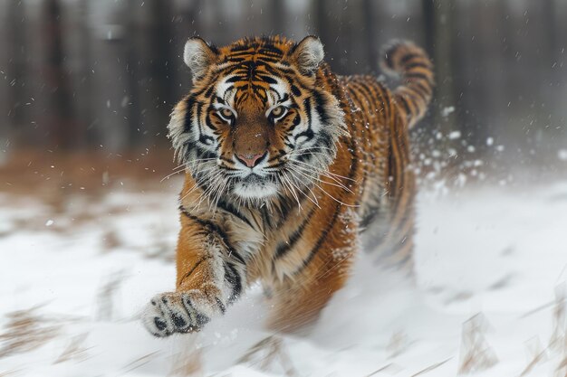 Una tigre siberiana in movimento con uno sfondo sfocato nella taiga innevata